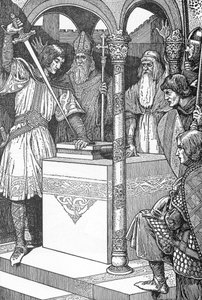 Arthur előrántotta az Excalibur kardot egy üllőből Louis Rhead (1858-1926) illusztrációja az „Artúr király és lovagjai” című könyvből, 1923 Magángyűjtemény