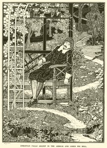 Christian elalszik a lugasban, és elveszti tekercsét (metszet) alkotó: Louis John Rhead