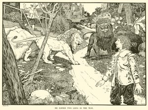 Két oroszlánt látott az úton (metszet) alkotó: Louis John Rhead