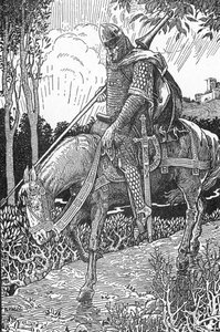 Mordred (Modred) sebesülései az apja, Arthur király elleni camlanni csata után (Mordred megsebesült a camlanni csata után) Louis Rhead (1858-1926) illusztrációja az „Artúr király és lovagjai” című könyvből 1923 Magángyűjtemény