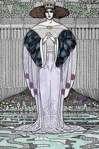 A tó hölgyének ábrázolása (Nimue, Viviane) Louis Rhead (1858-1926) illusztrációja „Artúr király és lovagjai” c. alkotó: Louis John Rhead