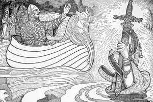 A tó asszonyának (fee viviane) ábrázolása, az Arthur legendák karaktere, Arthur királynak az Excalibur epeus (Arthur legenda: Lady of the Lake (Nimue, Viviane) Arthur királynak Excalibur kardját adja) Illusztráció: Louis Rhead (1858) -1