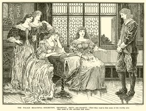 A palota gyönyörű, diszkréció, körültekintés, jámborság és jótékonyság (metszet) alkotó: Louis John Rhead