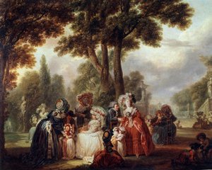 Összerakva egy parkban Nemesek világi találkozója a kertben. Louis Joseph Watteau festménye a Watteau de Lille-ben (1731-1798). 18. század. Párizs. Musee Cognacq Jay