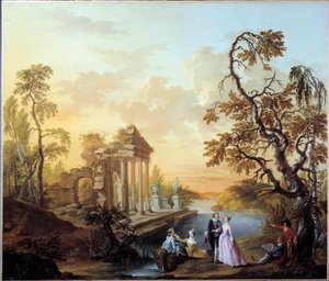 Tribute to Love Romantikus jelenet az ősi romok táján alkonyatkor. Louis Joseph Watteau festménye Watteau de Lille-ben (1731-1798)