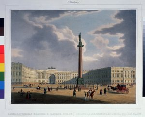 A Sándor-oszlop, kilátás a Hadsereg Főhadiszállásáról. (Szentpétervár) Louis Jules Arnout (1814-1868) litográfiája, vízfestékkel színezett, 23,5 x 31,5 cm, kb.