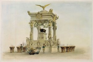 I. Bonaparte Napóleon (1769-1821) koporsója az Invalidusok templomában (Párizs, Franciaország). (Napóleon koporsója a The Les Invalides templomában). Louis Jules Arnout (1814-1868) munkája, litográfia és akvarell. 19. századi francia művészet, klasszicizmu