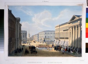 A Szentpétervári Rendőrhíd, a Nyevszkij sugárútról nézve a Sztroganov-palotából. Louis Jules Arnout (1814-1868) litográfiája, színes alkotó: Louis Jules Arnout