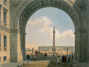 Palota tér, kilátás a hadsereg főhadiszállásának boltívéről, Szentpétervár, Lemercier, Párizs, 1840-es évek (színes litográfia)