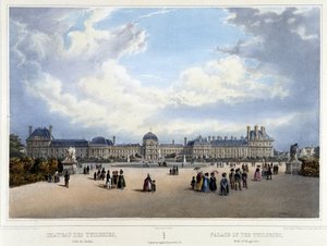 Kilátás a palotára és a Tuileriák kertjére – a „” Promenade dans Paris et ses environs”-ban”, Jacottet és Benoist, Párizs, v.1840