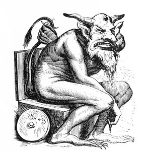 Ördög Belphagor (Belphegor) ábrázolása Collin de Plancy Pokoli szótárából. L. Breton metszete. Párizs
