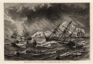 Tőkehal horgászata a Grand Bank of Newfoundlandban, a csónakok követik a Lebreton által rajzolt vonalakat, hogy illusztrálják A. de Gobineau 1860-as új-fundlandi útját. Gravírozás a „Le tour du monde”-ban, szerkesztette Edouard Charton