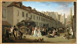 Egy hintó érkezése a párizsi Messageries udvarára, a rue Notre-Dame-des-Victoires-ra ... alkotó: Louis Leopold Boilly