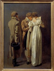 A nyomtatványok szerelmesei A fiatalok az Első Birodalom divatja szerint egy nyomtatványon gondolkodnak. Louis Leopold Boilly (1761-1845) festménye 1810. V 0,32x0,24 m alkotó: Louis Leopold Boilly