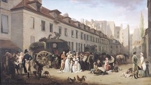 Stagecoach érkezése a végállomásra, rue Notre-Dame-des-Victoires, Párizs alkotó: Louis Leopold Boilly