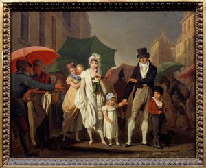 A Bourgeois a párizsi Premier Empire módra zuhan, védve magát az esőtől. Louis leopold Boilly (1761-1845) festménye 19. század V. 0,32x0,4 m - A felhőszakadás. Az első birodalmi módra öltözött párizsi polgárok védik magukat fr alkotó: Louis Leopold Boilly