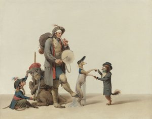 Állatkiképző táncoló kutyákkal, medvével és majommal – Boilly, Louis-Leopold (1761-1845). Olaj, vászon, méret: 32,4x40,6 cm - Magángyűjtemény alkotó: Louis Leopold Boilly