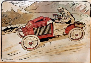 Gépkocsi: versenyautó. Marcel Renault (1872-1903) és Rene Vauthier az Alpokon átkelve a PÁRIZS-BÉCS versenyen 1902-ben a 147-es autóval. Louis Lucien Faure Dujarric (1872-?) litográfiája, 20. század. Conservatoire National des Arts et Metiers, Párizs alkotó: Louis Lucien Faure Dujarric