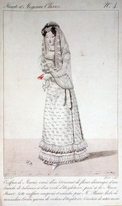 Esküvői ruha és frizura, 4-es divatlemez a "Haute et Moyenne Classes" sorozatból, Georges Jacques Gatine (1773-1831) metszetével, 19. század eleje (színes metszet) alkotó: Louis-Marie (after) Lante