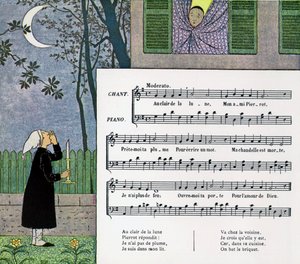 Az „At Moonlight” gyermekdal kottája és illusztrációja alkotó: Louis Maurice Boutet de Monvel