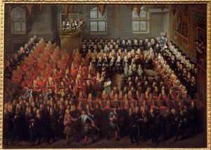 XV. Lajos (1710-1774) igazságszolgáltatási ágya a párizsi parlament nagytermében, hogy megszegje XIV. Lajos (1638-1715) akaratát alkotó: Louis Michel Dumesnil