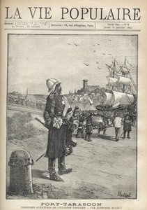 Férfi megfigyeli a Tarasque szennyeződését Port Tarascon szigetének kikötőjében. Montegut illusztrációja Alphonse Daudet (1840-1897) „Port-Tarascon”-hoz. Metszet 1891-ből a „La vie populaire” c. Magángyűjtemény