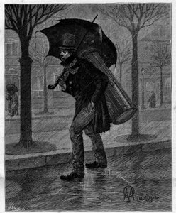 Gyenge termés! Szegény nedves kabóca! ... Dobos nyomorúságban sétál az esőben Párizs utcáin. Alphonse Daudet (1840-1897) „” Trento ans de Paris”” önéletrajzi gyűjteményében. Metszet Montegut illusztrációi után a Le Monde illustriou-ban