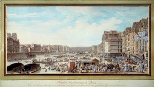 Kilátás a kikötőre a bálnánál, amelyet az akkori Marche aux veaux-tól vett a Notre-Dame híd felé Párizsban, Louis Nicolas de Lespinasse (1734-1808) akvarellje. 1782. Párizs, Musee Carnavalet