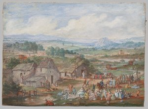 Piknikező buli egy falu közelében alkotó: Louis Nicolas van Blarenberghe