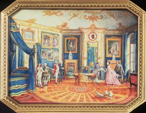 Louis Roucel († 1787) által készített tubákdoboz fedele, amely egy szobát mutat téli bútorzatában a Hotel de Choiseulban, 1770 körül (zománc)