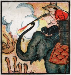 Nestor Fenleroc, az európai telepes oroszlánokat ölt azzal, hogy rálő egy elefántra Afrikában. 1923 (metszet)