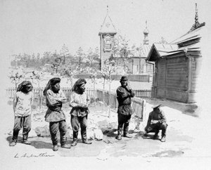 Egy kis orosz falu parasztjai szúnyoghálóval az arcukon és a transzszibériai vasútállomás. 1913. Ill. de Sabatier