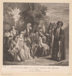 Doloride megkéri Don Quijotét, hogy álljon bosszút érte La Doloride affligée de sa barbe vient prier Don Quichotte de la venger (cím a tárgyon) A La Mancha-i Don Quijote története (sorozat címe)