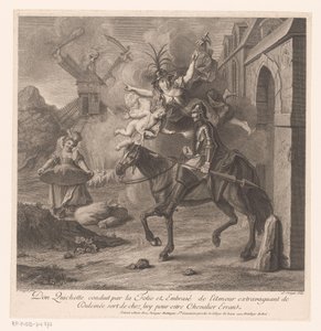 Don Quijote a Bolondság kíséretében elhagyja házát, hogy kóbor lovaggá váljon Don Quijote conduit par la Folie et embrasé de l