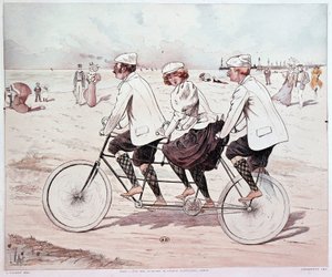 Tandem, három ember biciklizik a parton - L. Vallet rajza