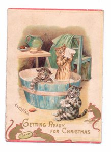Viktoriánus karácsonyi üdvözlőlap két macskával egy fürdőkádban, miközben két egér egy szappannal játszik, 1880 körül alkotó: Louis Wain