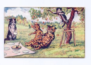 Egy viktoriánus üdvözlőkártya almával, amely két macskára esik egy pikniken, 1880 körül alkotó: Louis Wain