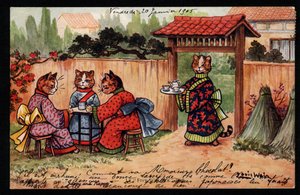 Állatok emberi testtartásban. Kimonós macska teát iszik egy japán kertben. Képeslap. Louis Wain (1860-1939) kromolitográfiája, egy angol művész, aki a nagy szemű macskák ábrázolásáról ismert. 20. század eleje. Gyűjtemény pr alkotó: Louis Wain