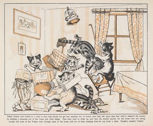 Dobozokkal játszó macskák egy szobában. alkotó: Louis Wain