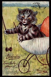 Diabolo. Még a baba is játszik vele. Állatok emberi testtartásban. Cica játszik egy diabolóval a bölcsőjében. Képeslap. Louis Wain (1860-1939) kromolitográfiája, egy angol művész, aki a nagy szemű macskák ábrázolásáról ismert. 20. eleje alkotó: Louis Wain