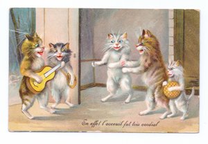 Edward korabeli képeslap egy macskáról, aki gitáron játszik három másik macskával és egy cicával, 1910 körül alkotó: Louis Wain