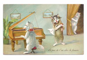 Edward korabeli képeslap egy macskáról, amely zongorázik, a másik pedig énekel, miközben a harmadik kukucskál 1910 körül alkotó: Louis Wain