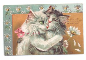Edward korabeli képeslap két egymást ölelő macskával, 1910 körül alkotó: Louis Wain