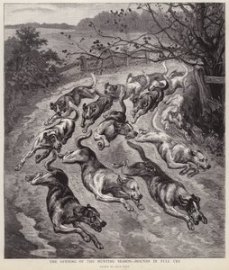 A vadászkutyák teljes sírásban a vadászati szezon kezdetén (litho) alkotó: Louis Wain