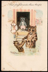 Kihasználjuk a jó időt. Állatok emberi testtartásban. Macska tengeri fürdő nyaralni. Képeslap. Louis Wain (1860-1939) kromolitográfiája, egy angol művész, aki a nagy szemű macskák ábrázolásáról ismert. 20. század eleje. Gallér alkotó: Louis Wain