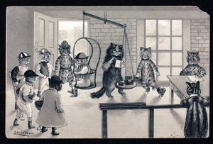 Kihasználjuk a jó időt. Állatok emberi testtartásban. Macska jockey, hogy lemérjük a mérleg. Képeslap. Louis Wain (1860-1939) kromolitográfiája, egy angol művész, aki a nagy szemű macskák ábrázolásáról ismert. 20 eleje alkotó: Louis Wain