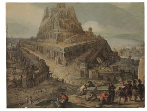 Nimród király elrendeli a bábeli torony építését (olaj, tábla) alkotó: Louis de (circle of) Caullery