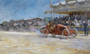 Az Automobile Club de France első nagydíja 1906-ban, a győztes érkezése, Compiegne, Franciaország, Louis-Marie de Schryver (1862-1942) festménye