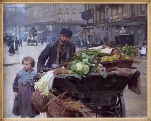 A négy évszak kereskedője Párizsban. Mögötte a Hotel du Louvre (1. kerület) Louis Marie de Schryver (1862-1942) festménye, olaj, vászon