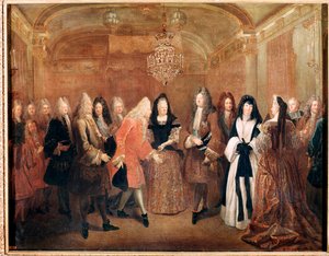 XIV. Lajos francia király fogadja I. Frigyes Augustus herceget Fontainebleau kastélyában (Festmény alkotó: Louis de Silvestre